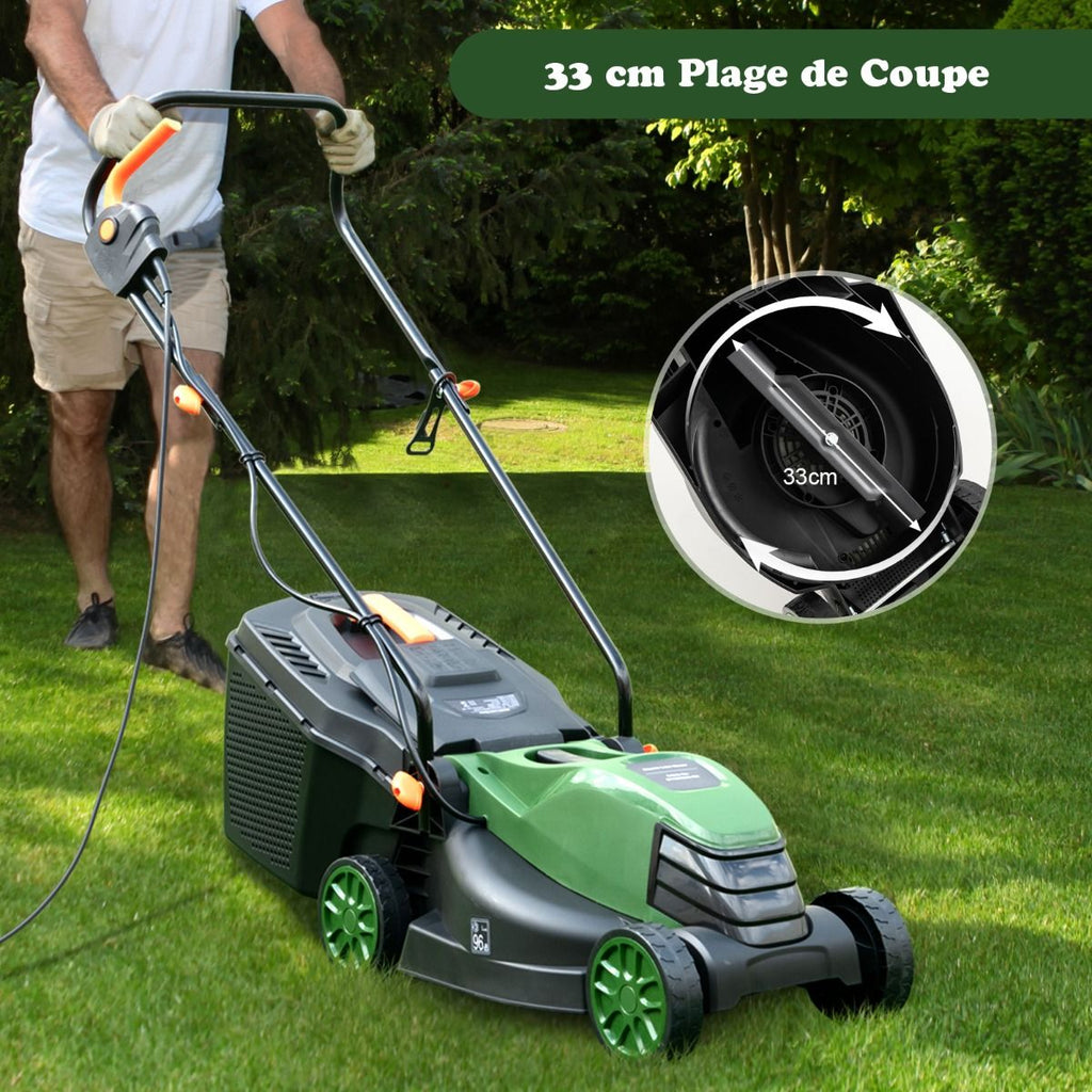 Tondeuse à Gazon Électrique Filaire 1500 W 4015 TR/Min Boîte de Collecte 35 L 3 Hauteur Réglables 25-65 MM Largeur de Coupe 34 CM Vert -
