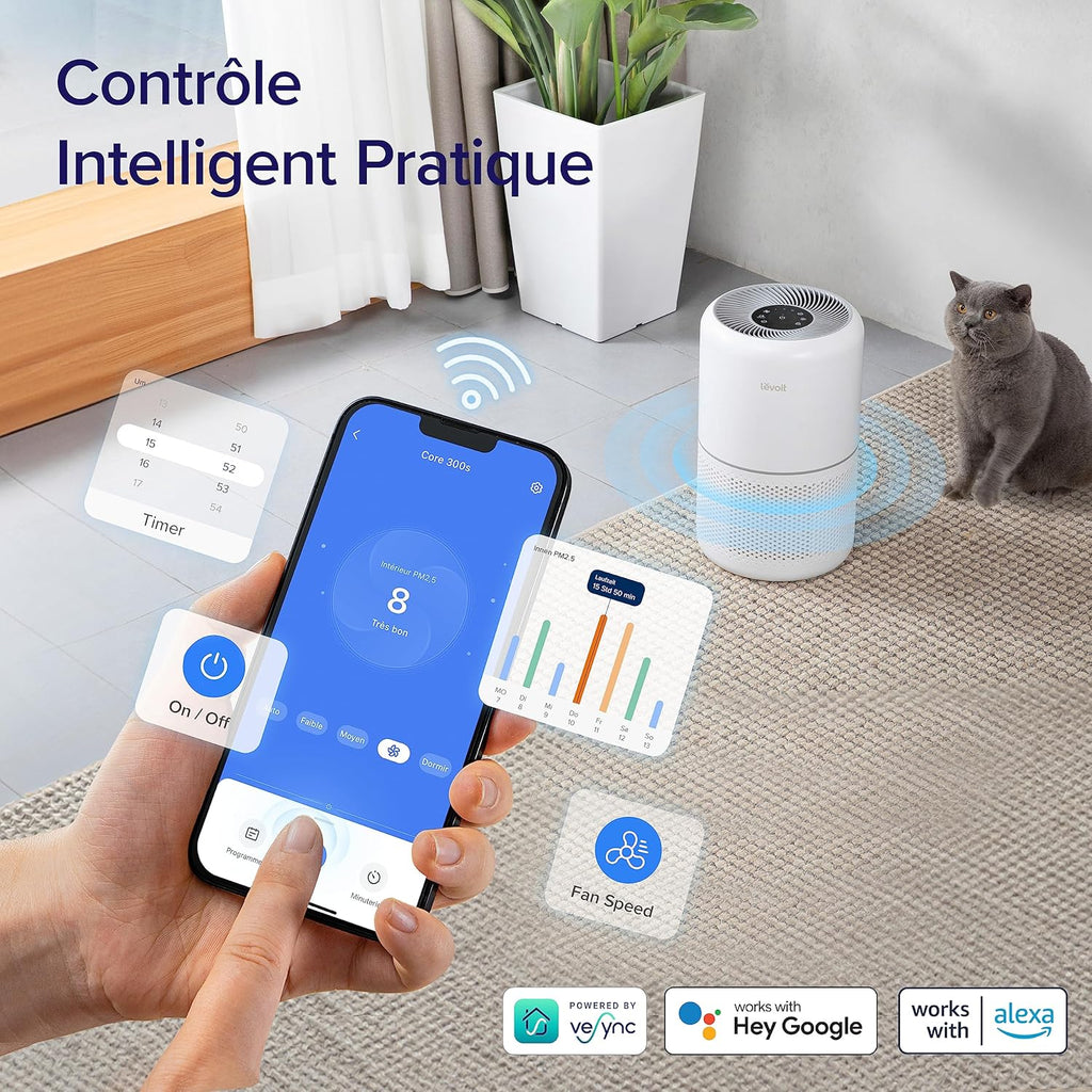 LEVOIT Purificateur d'Air HEPA Intelligent contre Allergie Pollen & Graminée, Purifier jusqu'à 50㎡, Surveille La Qualité de l'Air, Contrôle par App Alexa, 22dB Silencieux, Core 300S
