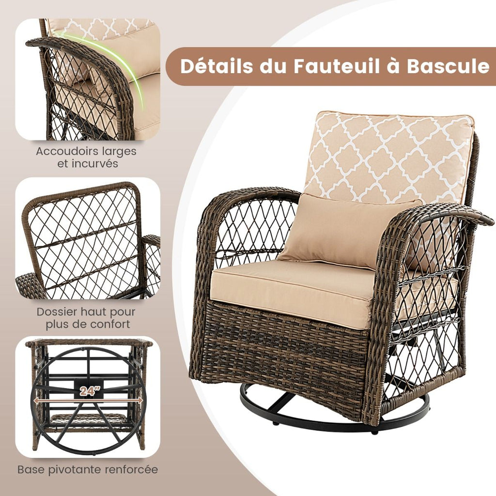 Salon de Jardin Extrieur 3PCS - 2 en Fauteuils  Bascule Pivotant  360掳Rotin PE Cadre Mtal our Terrasse Balcon -