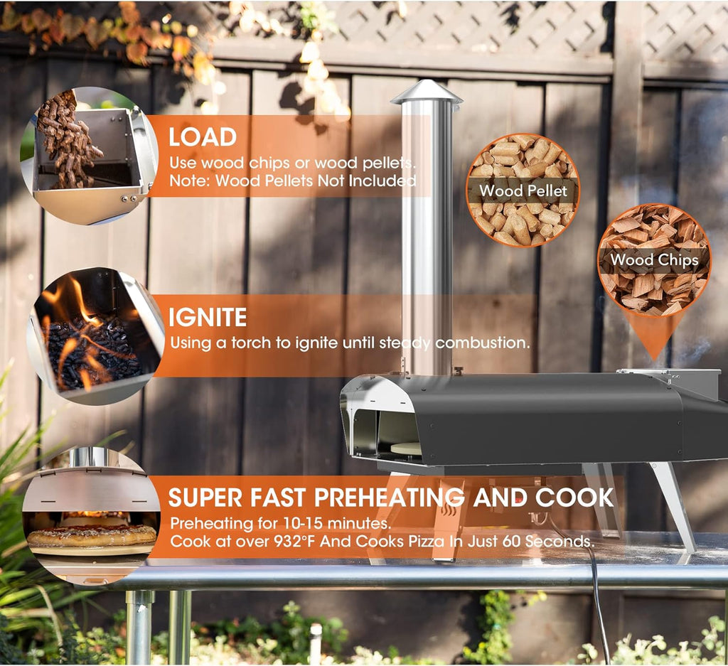 Mimiuo Four à Pizza Noir au Charbon de Bois pellets, Four à Bois Premium pour Jardin avec système de Rotation Automatique, avec Pelle et Pierre à Pizza (Tisserie W-Oven Series)
