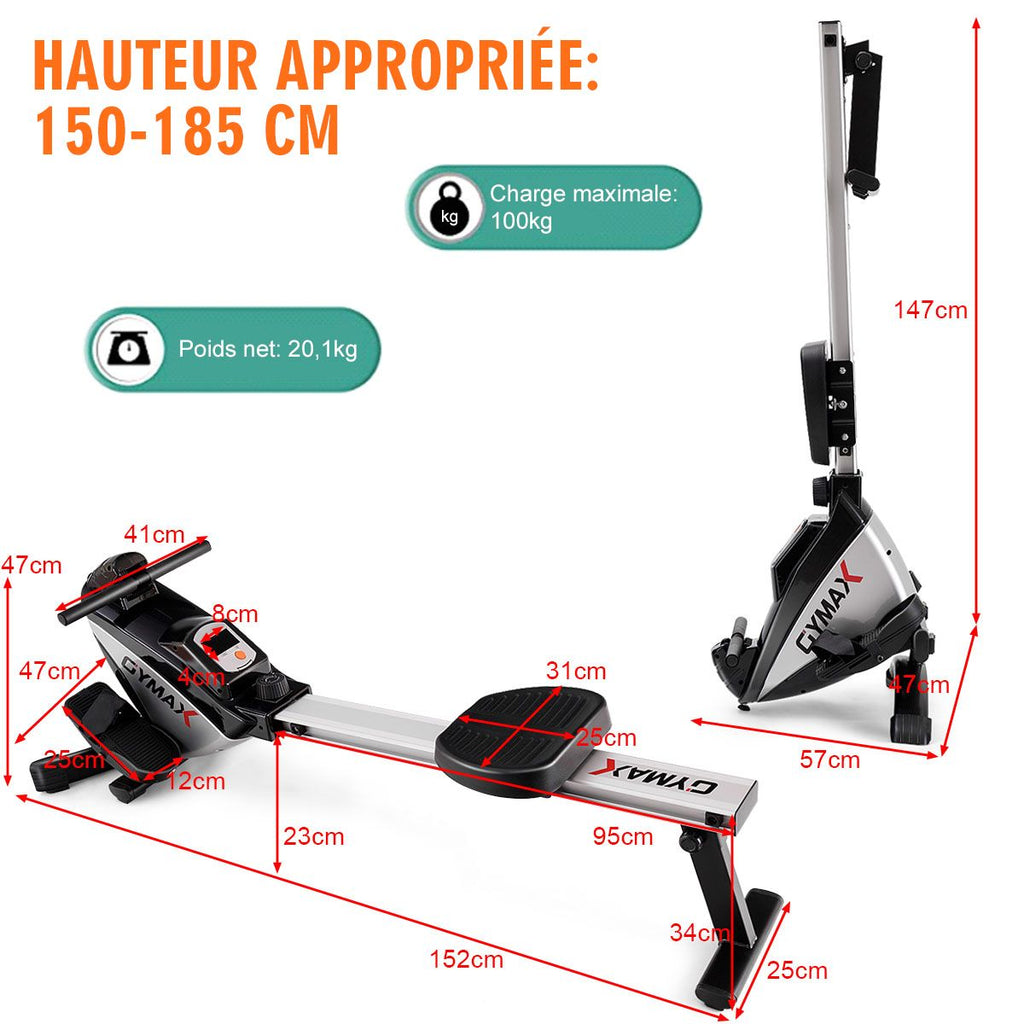 Rameur Magnétique Pliable 8 Niveaux de Résistance Écran LCD Numérique Poids Supporté de 100 KG pour Maison et Bureau -
