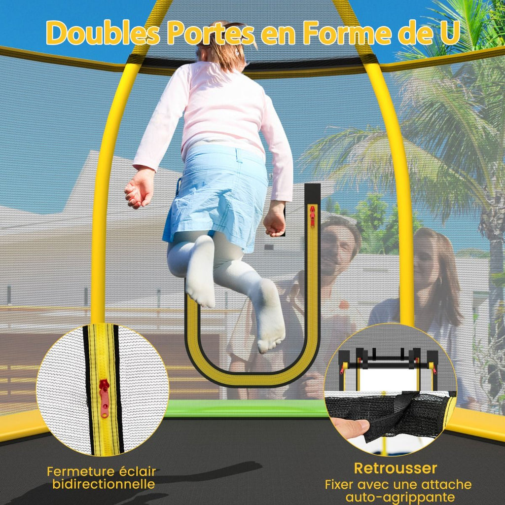 Trampoline Extérieur Ø 223cm avec Toboggan&Echelle avec Filet de Sécurité 2 Portes en U Charge 270kg pour 2-3 Enfants de 3 Ans+ Bleu/Vert -