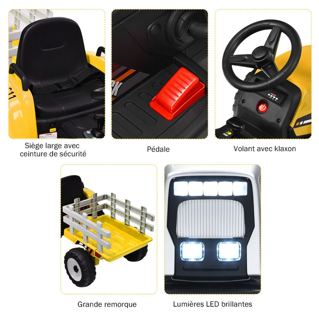 Tracteur Electrique avec Remorque pour Enfants 3 Vitesses Lumières LED Fonctions o USB et Bluetooth Jaune/Rose/Rouge/Vert/Vert Foncé/Noir -
