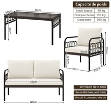Load image into Gallery viewer, Meubles de Patio 4 Pices en Rotin Charge 180-360KG avec Chaises Causeuse Coussins et Table Basse en Verre Tremp pour Balcon Blanc -