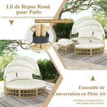 Load image into Gallery viewer, Lit de Repos Rond pour Patio avec Auvent Rtractable Ensemble de Sige Sectionnels Spars en Rotin PE avec Coussins Doux Blanc -