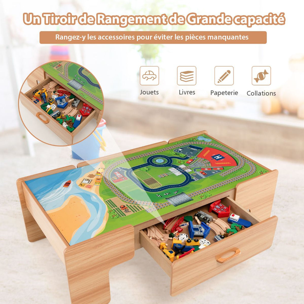 Table Circuit Train en Bois 100 Accessoires avec Tiroir de Rangement Jouet Educative pour Enfants 3 Ans + -
