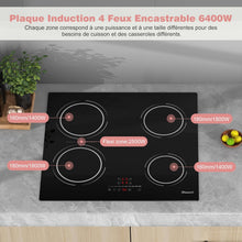 Load image into Gallery viewer, Plaque Induction 4 Feux Encastrable 6400W, Plaque de Cuisson Induction Zone Flexible, Plaque Electrique 60cm, Fonction Pause, 9 Niveaux, Controle tactile, Minuterie, Serrure pour Enfants