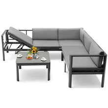 Load image into Gallery viewer, Salon de Jardin Extrieur avec Table Basse en Verre Tremp Canapavec Dossier Inclinable  6 Niveaux Coussins Inclus Gris -