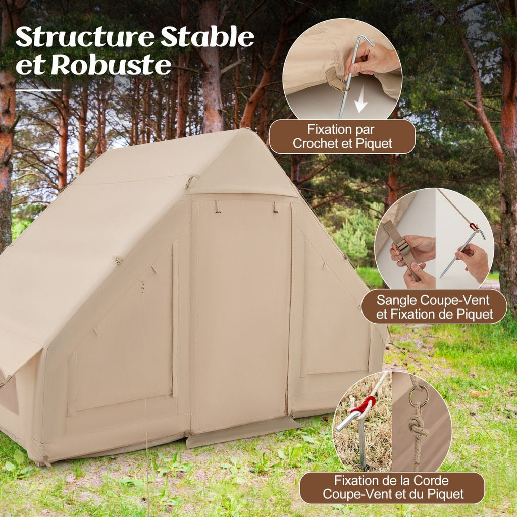 Tente de Camping Gonflable 6 m² pour 4-6 Personnes Tente en Coton Coupe-vent et Imperméable avec Pompe 7 Fenêtres à Moustiquaire Beige -