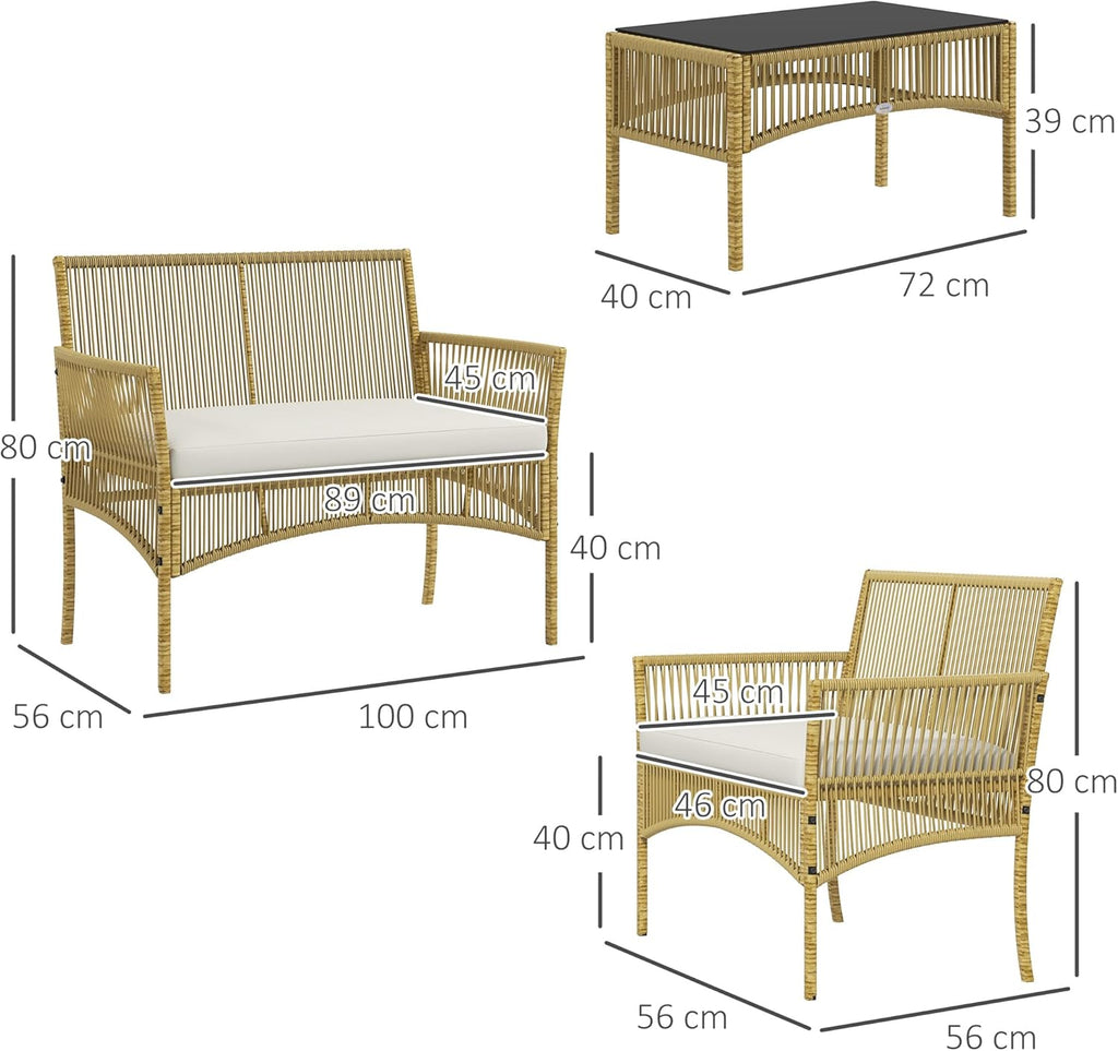 Outsunny Salon de Jardin extérieur 4 pièces canapé 2 Places + 2 fauteuils + 1 Table Basse Plateau Verre trempé Noir 3 Coussins d'assise - métal et résine tressée - Beige
