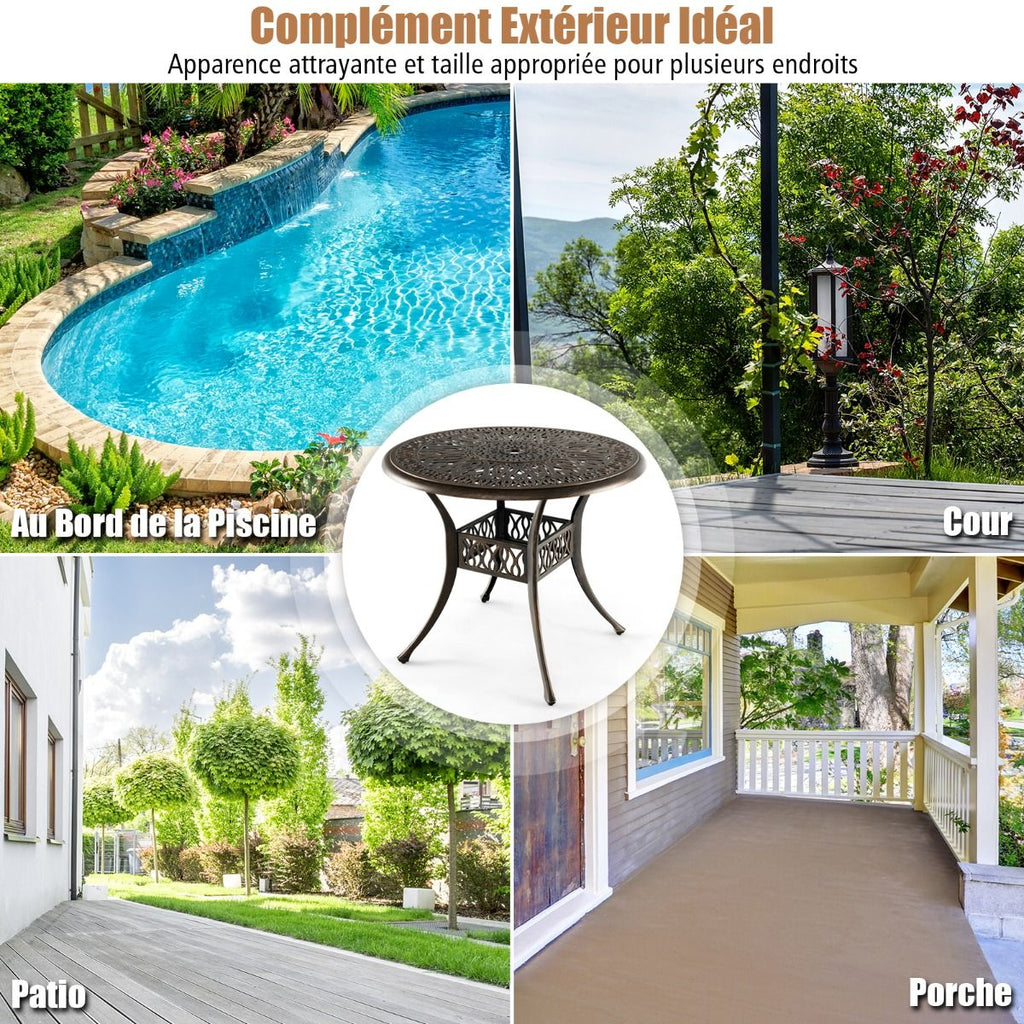 Table Jardin Ronde en Aluminium coulé 90x90x74CM avec Trou pour Parasol 5CM Table Extérieure avec Pied Réglable Antidérapant -