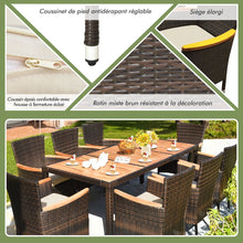 Load image into Gallery viewer, Salon de Jardin en Rotin 9 Pièces pour 8 Personnes Plateau de Table en Acacia Ensemble de Salle à Manger avec Coussins Amovibles Charge 160KG -