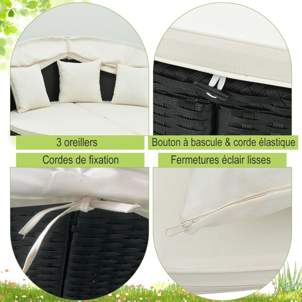 Lit Canapé de Jardin Rond en Rotin PE Auvent Rétractable Coussins et Oreillers Amovibles Salon de Jardin Modulable Blanc -