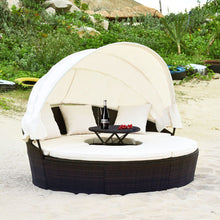 Load image into Gallery viewer, Lit de Jardin Rond d'Exterieur Table Relevable Modulable &amp; Convertible - Pare Soleil Réglable rotin PE Coussins Inclus Beige -