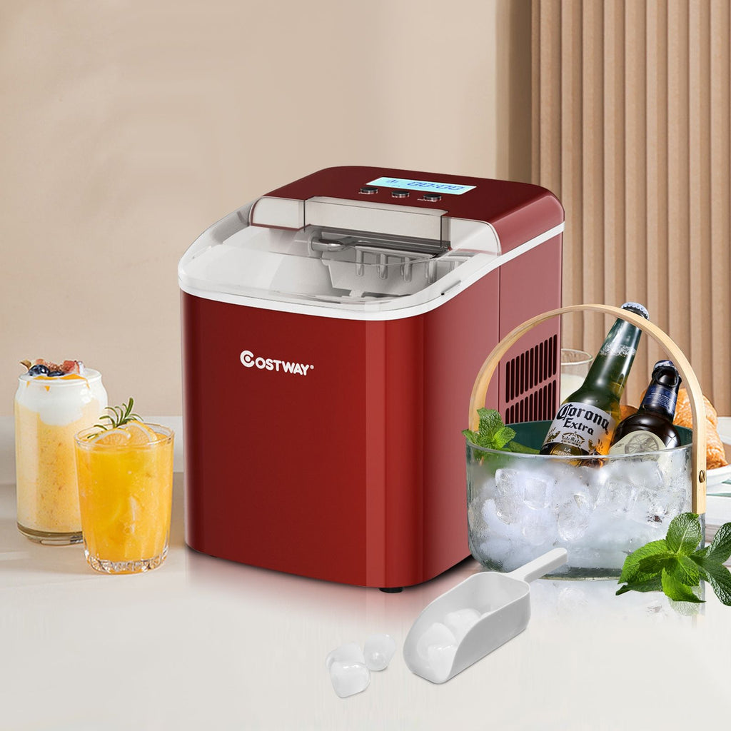 Machine  Glaons 12KG/24H 2 Tailles de Glaons 2,1L Rservoir 9pcs en 7 Minutes Pelle Panier Amovible Comptoir Maison Rouge -
