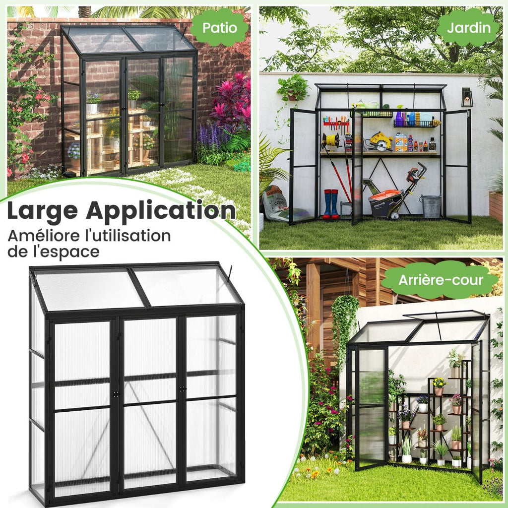 Serre de Jardin Extérieure en Aluminium Serre Mini Walk-in avec Lucarne et 3 Portes Fermables Plaques PC Résistantes au Soleil Noir -
