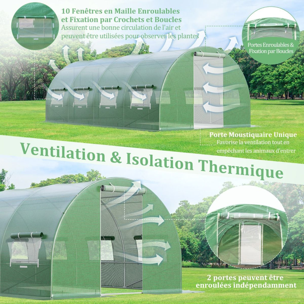 Serre de Jardin Tunnel Cadre en Acier Galvanisé Robuste Serre Tunnel Coupe-vent avec Cerceau 8 Fenêtres Enroulables Vert -