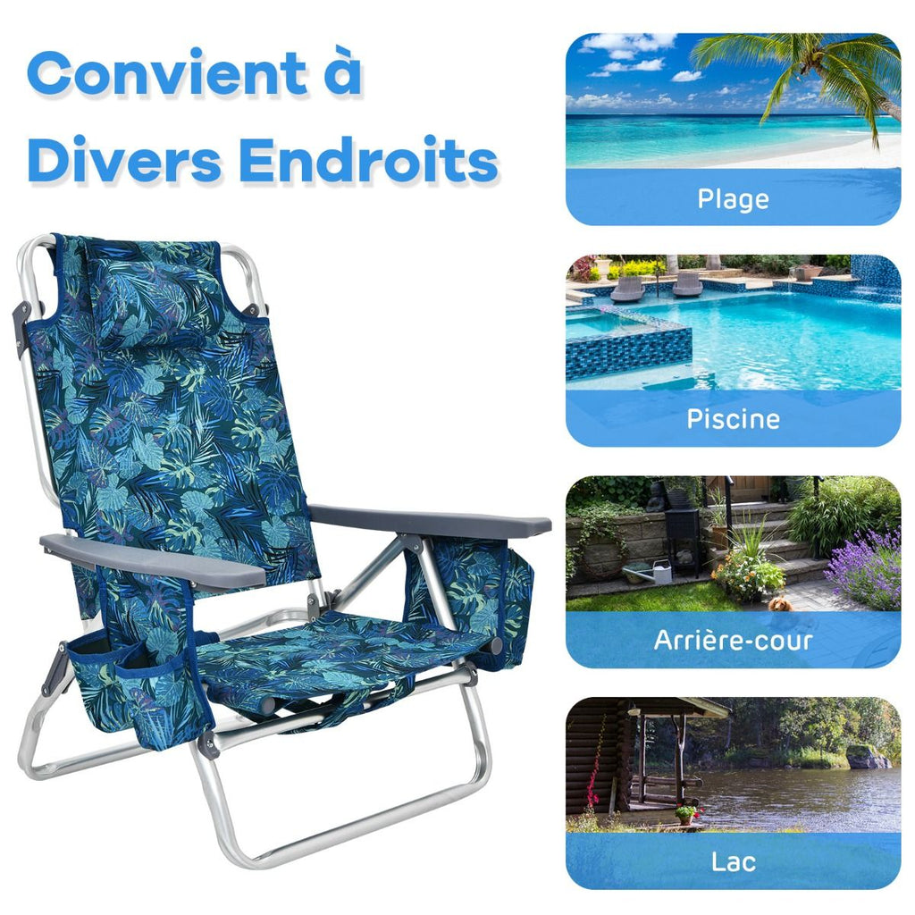 Lot de 2 Chaises de Camping Plage Pliante Table Enroulable en Aluminium Appui-tête Dossier Réglable à 5 Positions 6 Couleurs au Choix -