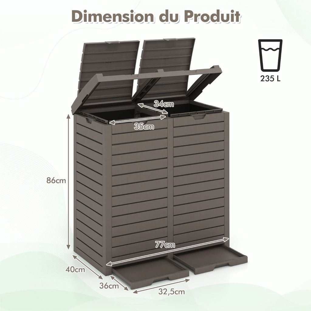Poubelle d'Extérieur 135 L Poubelle Etanche à Double Seau Couvercle à Plusieurs Niveaux Bac d'Egouttage Poignée Découpée Poubelle Marron -
