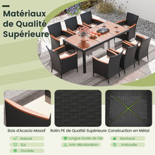 Load image into Gallery viewer, Salon de Jardin en Rotin 9 Pièces Plateau de Table en Acacia Ensemble de Salle à Manger avec Coussins Amovibles Trou Charge 180KG Beige+Noir -
