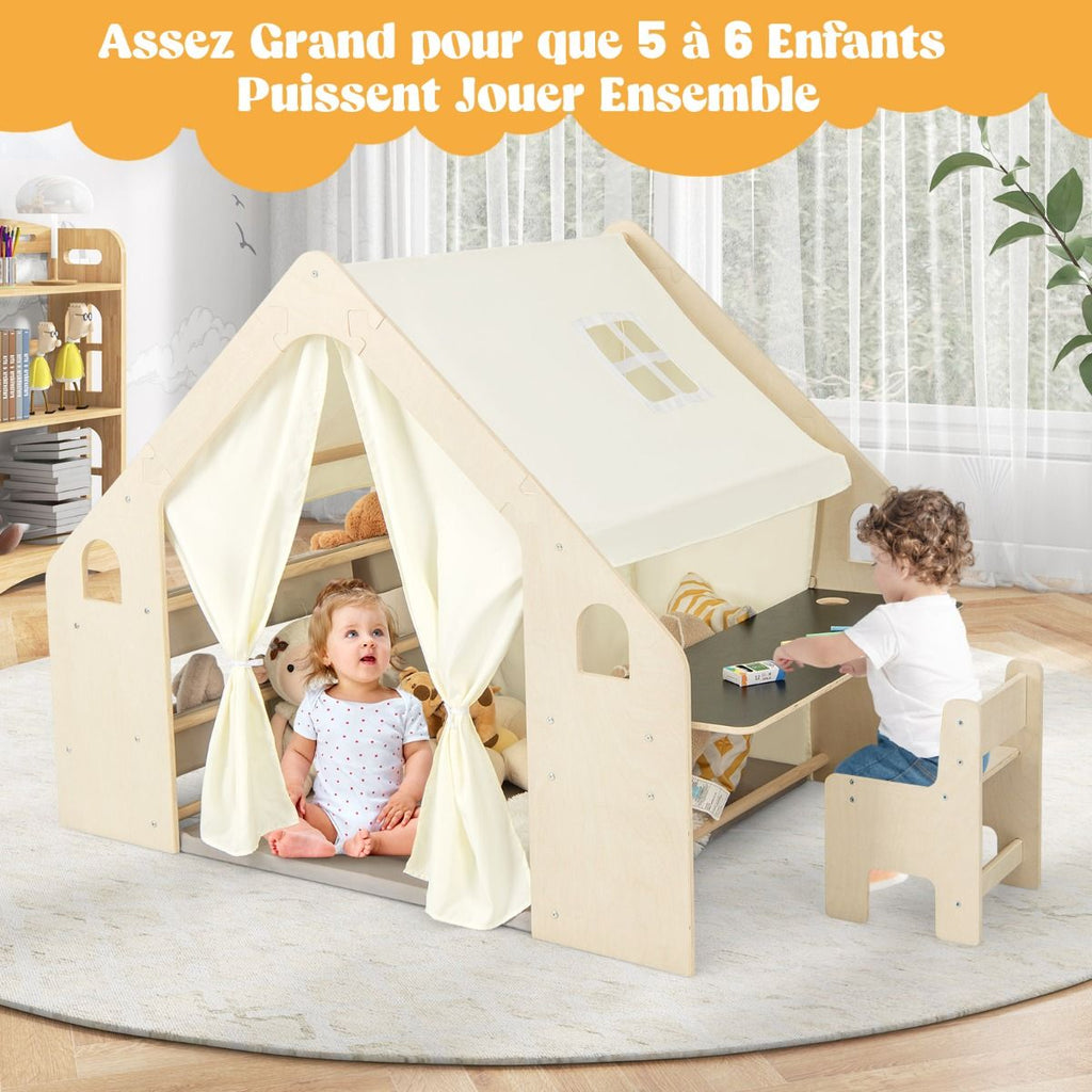 Tente de Jeu d'Intérieur en Bois pour Enfants 6 en 1 Tableau Noir Table Chaise 6 Bacs de Rangement Coussin de Sol Maison de Jeu pour 2-6 ans Beige -
