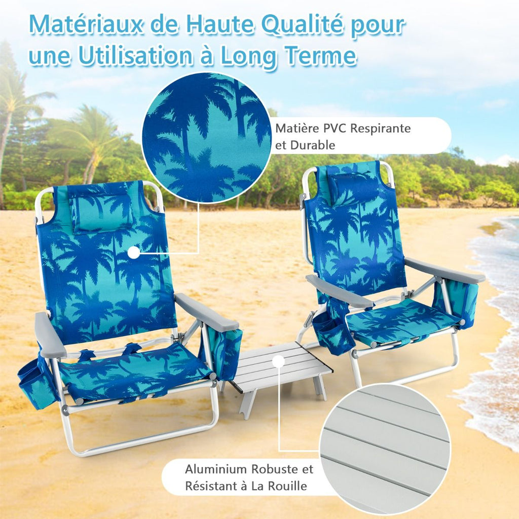 Lot de 2 Chaises de Camping Plage Pliante Table Enroulable en Aluminium Appui-tête Dossier Réglable à 5 Positions 6 Couleurs au Choix -