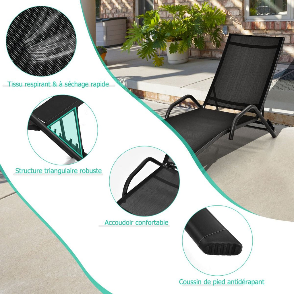 Lot de 2 Bains de Soleil Inclinables d'Extrieur avec Accoudoirs et Dossier Rglable  5 Positions Charge 160 kg Noir -