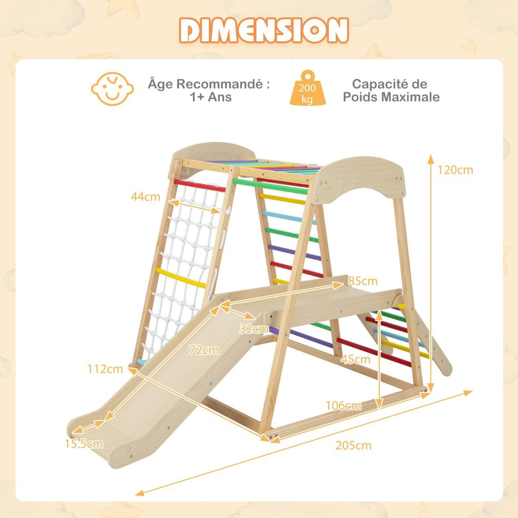 Triangle d'Escalade 6 en 1 en Bois avec Toboggan et Filet Barre pour Grimper Ramper et Glisser 1 An+ Coloré/Naturel -