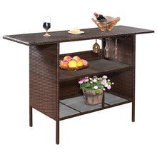 Load image into Gallery viewer, Table de Bar de Jardin en Résine Tressée avec 2 Etagères de Rangement 2 de Rails pour Porte-Verres Marron -