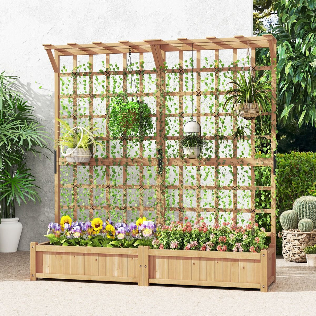 Jardinière avec 2 Treillis 2 Bacs Toit Suspendu en Bois Lit de Jardin Surélevé avec 4 Trous de Drainage 180 x 48 x 183 cm Orange -
