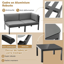 Load image into Gallery viewer, Salon de Jardin Extérieur avec Table Basse en Verre Trempé Canapéavec Dossier Inclinable à 6 Niveaux Coussins Inclus Gris -
