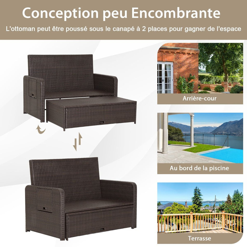 Salon de Jardin Extrieur Ajustable  Lit,2 Place avec Stockage Cach,Dossier Rglable  4 Niveaux en Rotin PE -