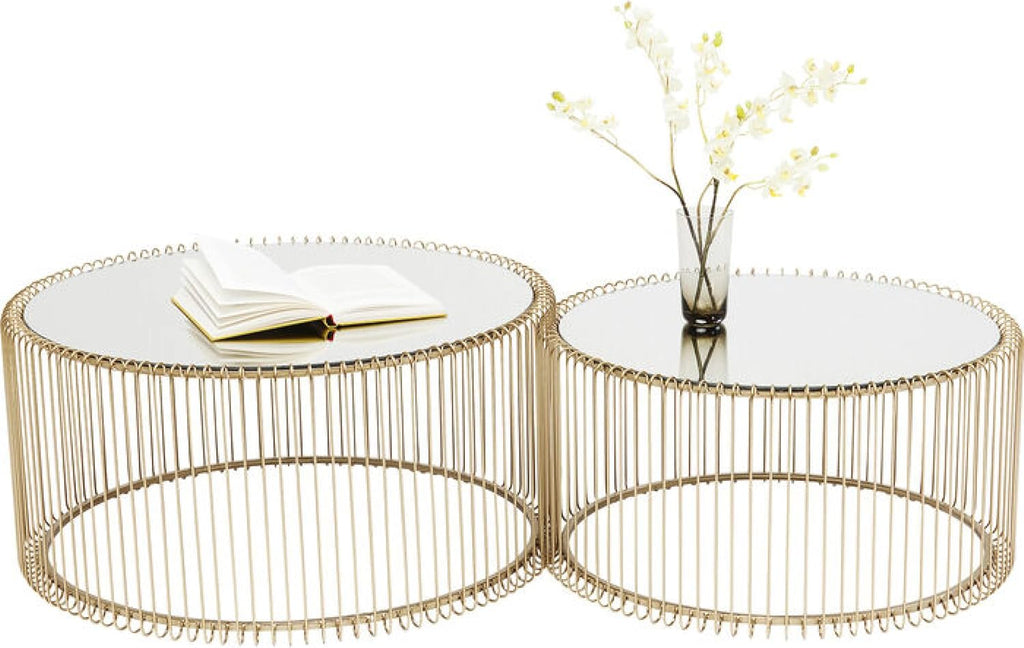 Kare Design Tables Basses Wire, Lot de 2, Laiton/Miroir, Rond, Acier, Plateau de Table en Verre, Diamètre 70/60cm, Style Moderne, Élégante, Table Basse Salon, Deco Intérieur, Décoration Chambre