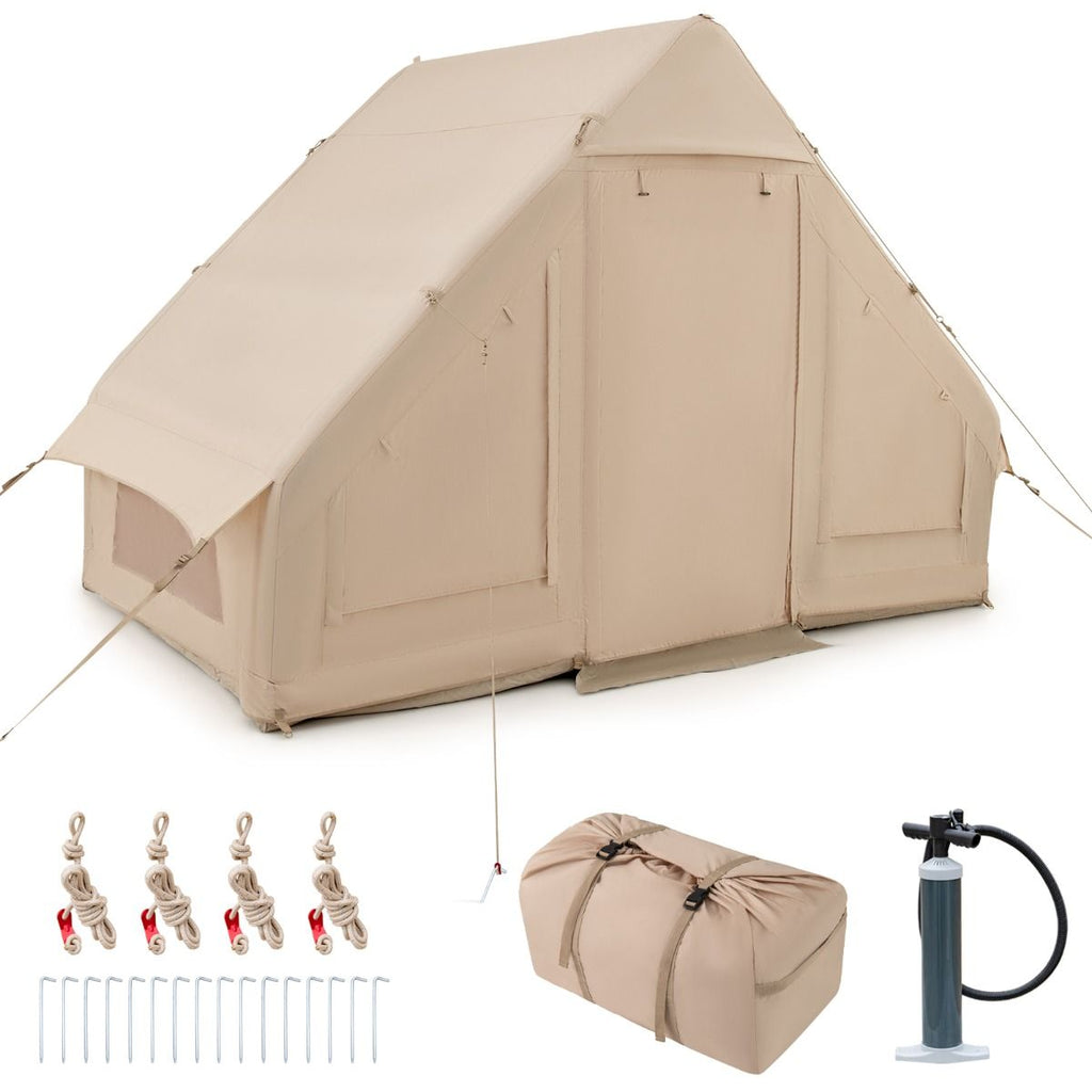 Tente de Camping Gonflable 6 m² pour 4-6 Personnes Tente en Coton Coupe-vent et Imperméable avec Pompe 7 Fenêtres à Moustiquaire Beige -
