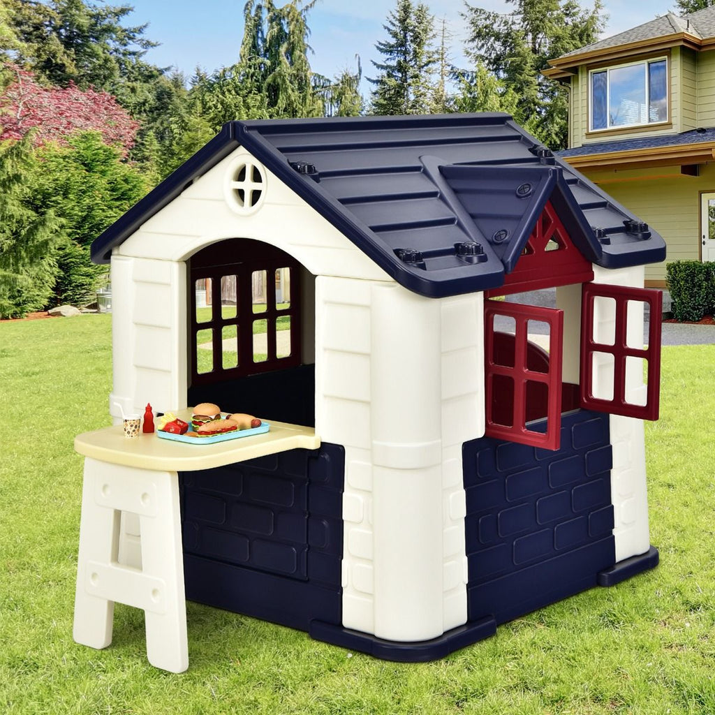 Maison Chef House -Thme Burger Bar - Table de Pique Nique Cabane de Jardin Anti-UV en Plastique 164x124x132 cm Bleu/Rose/Jaune -