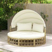 Load image into Gallery viewer, Lit de Repos Rond pour Patio avec Auvent Rétractable Ensemble de Siège Sectionnels Séparés en Rotin PE avec Coussins Doux Blanc -
