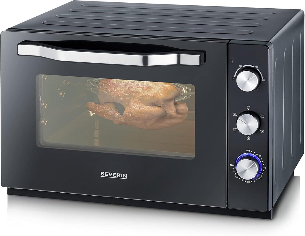 SEVERIN Four posable XXL à Chaleur Tournante 60 L avec pierre à pizza et tournebroche 2 200 W design simple et élégant, Four électrique avec minuteur 120 min, Noir/Inox, TO 2073