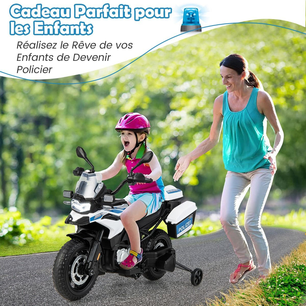 Moto Électrique 12V/7AH pour Enfants 6km/h Modèle Policier avec Klaxon Musique Sirène Phares pour 3-8 Ans -