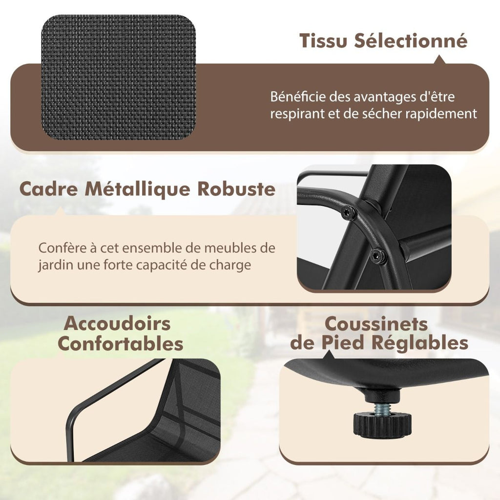 Salon de Jardin 4 Pices avec 2 Chaises Table en Verre Tremp et Causeuse Meuble Extrieur en Tissu Respirant Cadre Mtallique Noir -