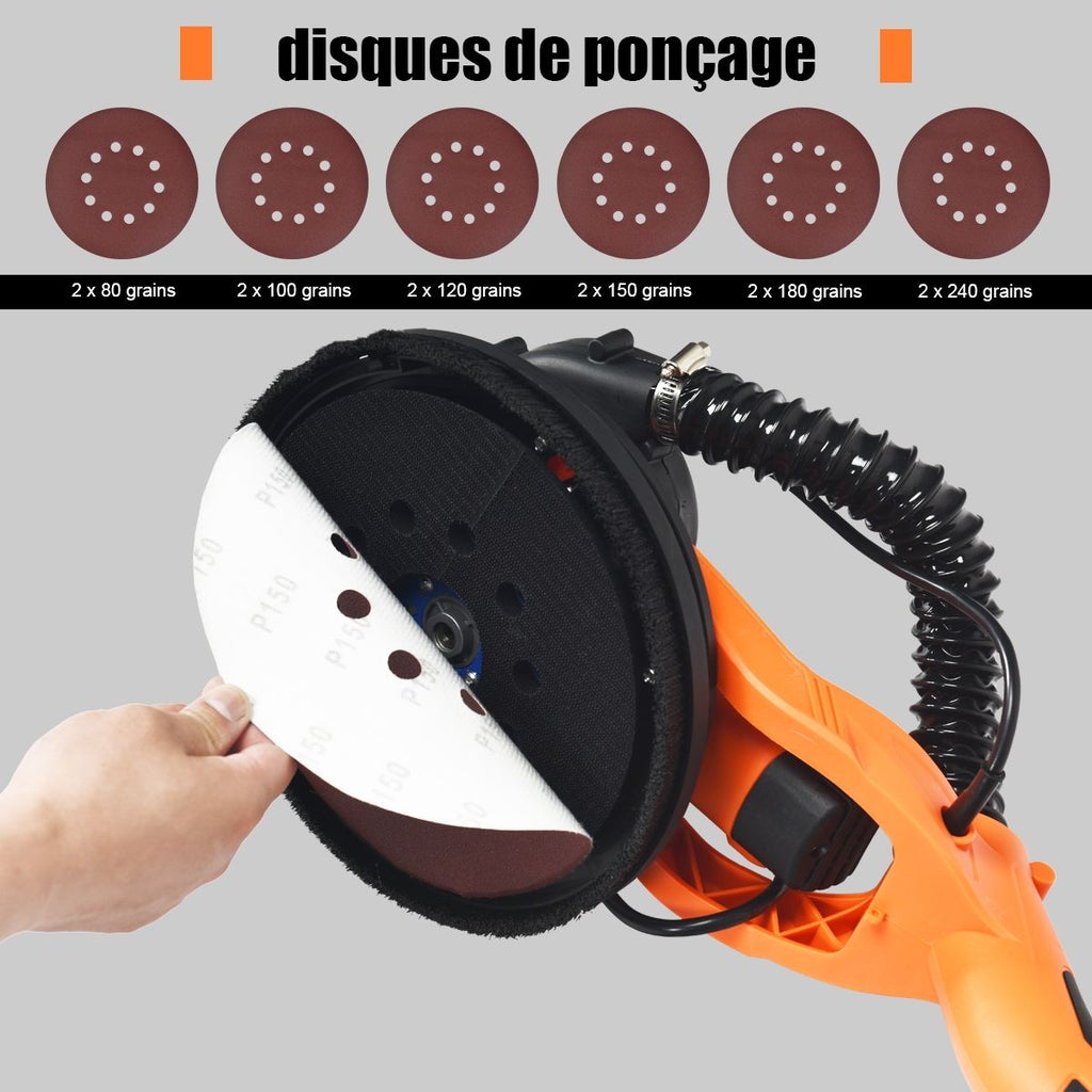 Ponceuse de Plaque de Plâtre 750W avec Lumière LED 6 Vitesses Variables 800-1750 tr/min -