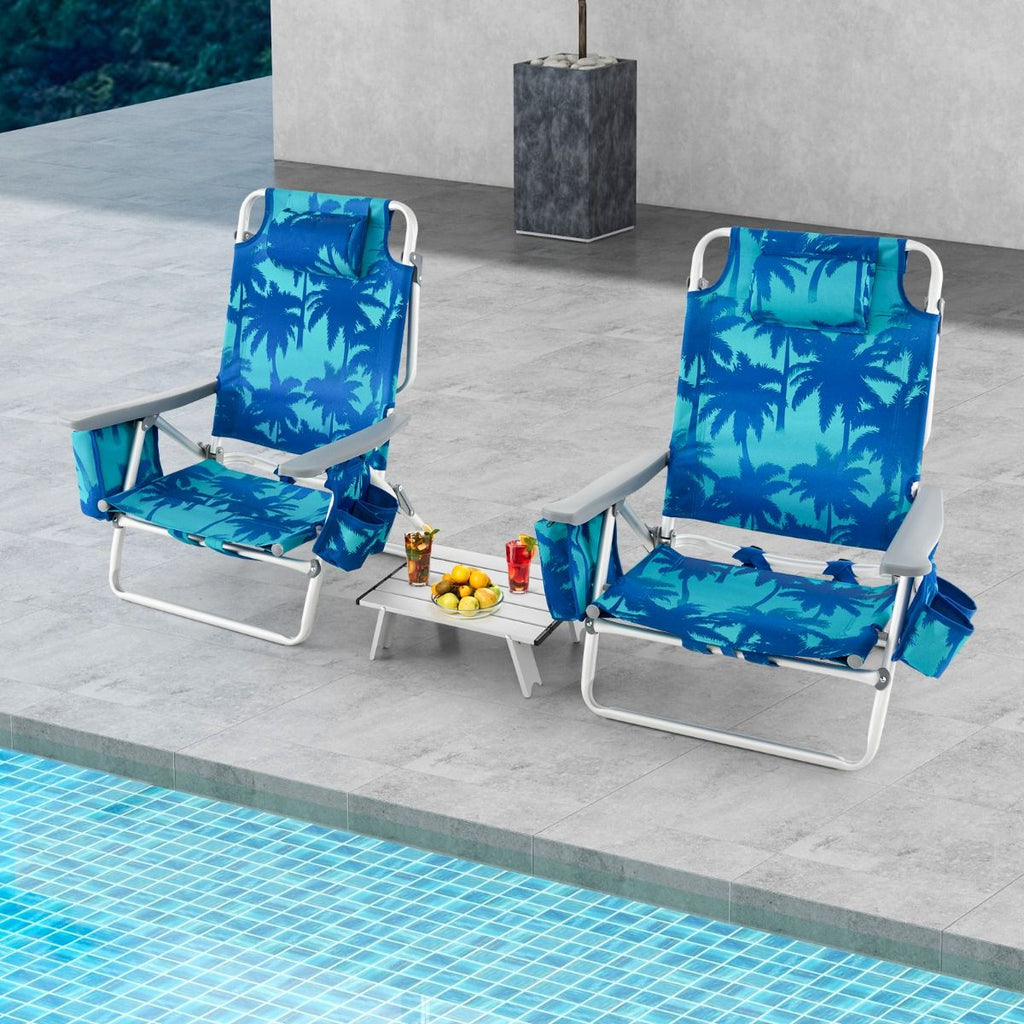 Lot de 2 Chaises de Camping Plage Pliante Table Enroulable en Aluminium Appui-tête Dossier Réglable à 5 Positions 6 Couleurs au Choix -