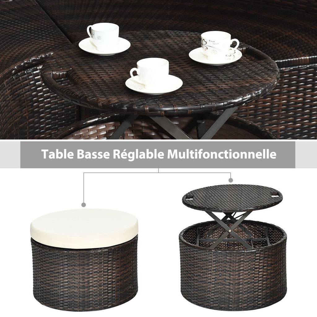 Lit de Jardin Rond d'Exterieur Table Relevable Modulable & Convertible - Pare Soleil Réglable rotin PE Coussins Inclus Beige -