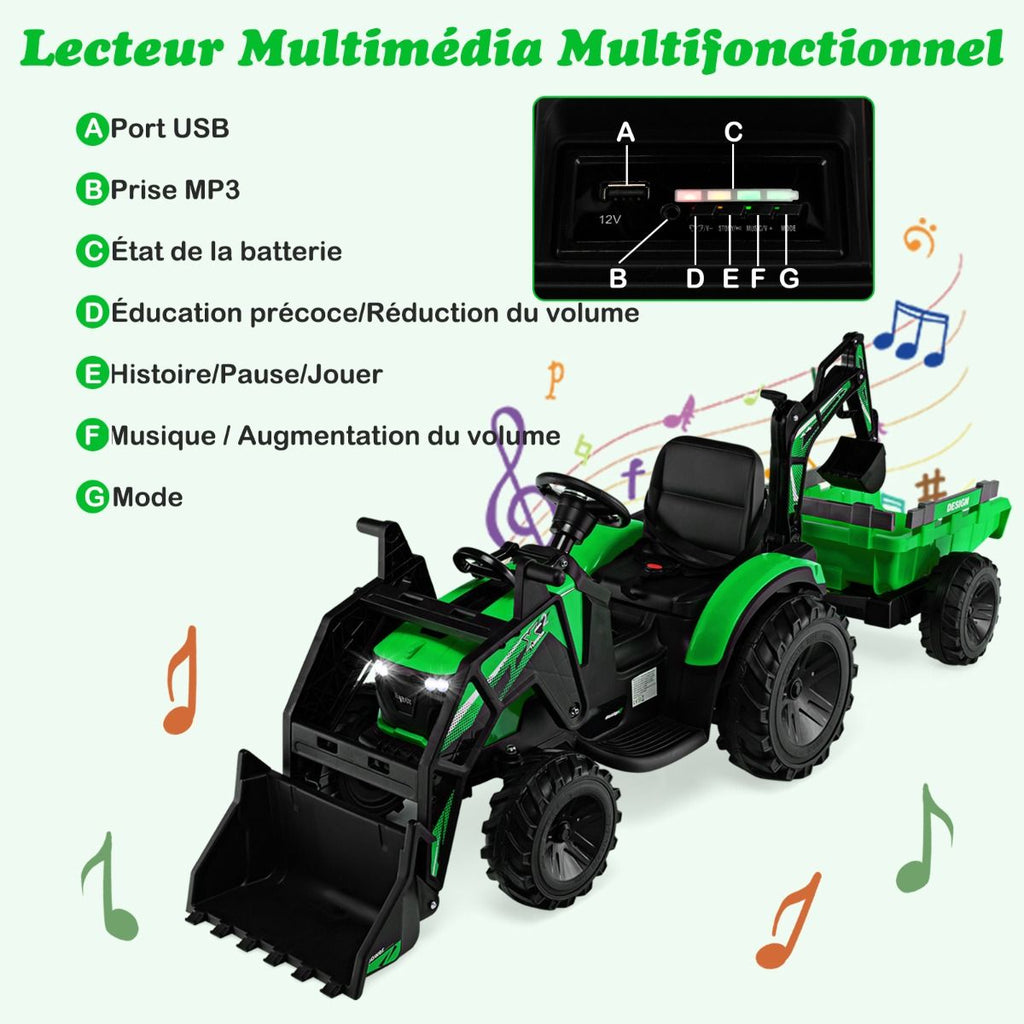 Tracteur Electrique 12 V pour Enfants 3-5 km/h Tlcommande MP3 USB Vert/Jaune -