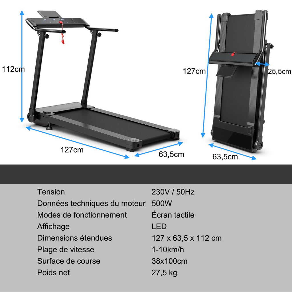 Tapis de Course/Marche Pliable 500W 12 Programmes Prdfinis 0,8-9,6 Km/h Ecran Tactile LED 4 Touches de Raccourci Noir Support pour Ipad -