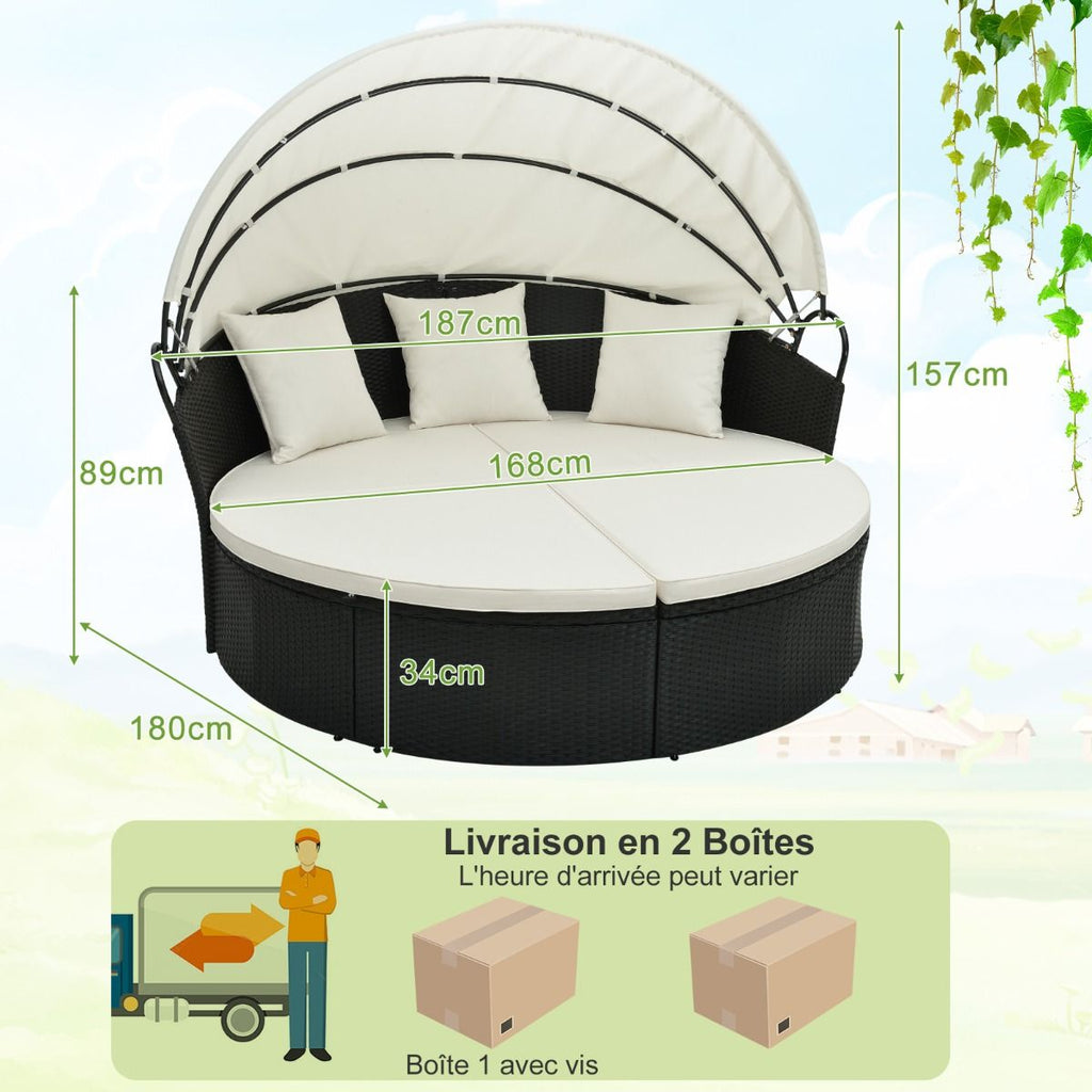 Lit Canapé de Jardin Rond en Rotin PE Auvent Rétractable Coussins et Oreillers Amovibles Salon de Jardin Modulable Blanc -