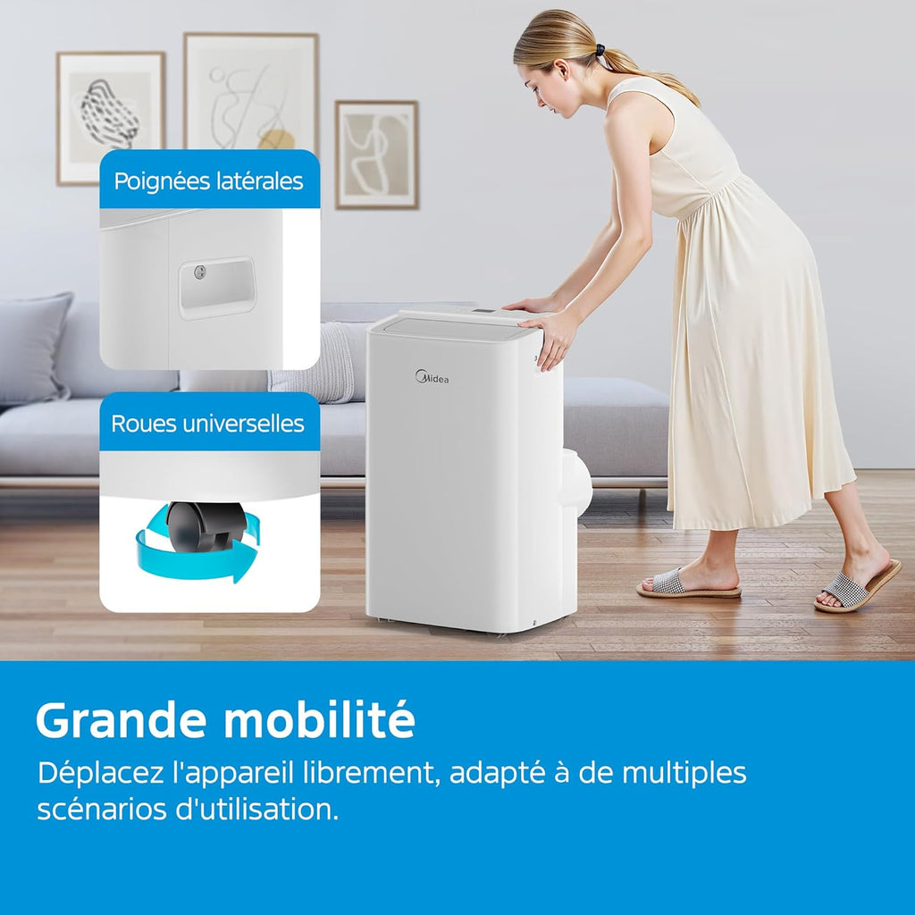 MIDEA Climatiseur Mobile Silencieux 12000 BTU avec Évacuation - Climatisation Portable Prêt à Poser 3500W - Clim Réversible Split Mobile - 4 modes avec Kit de Fenêtre et App Control