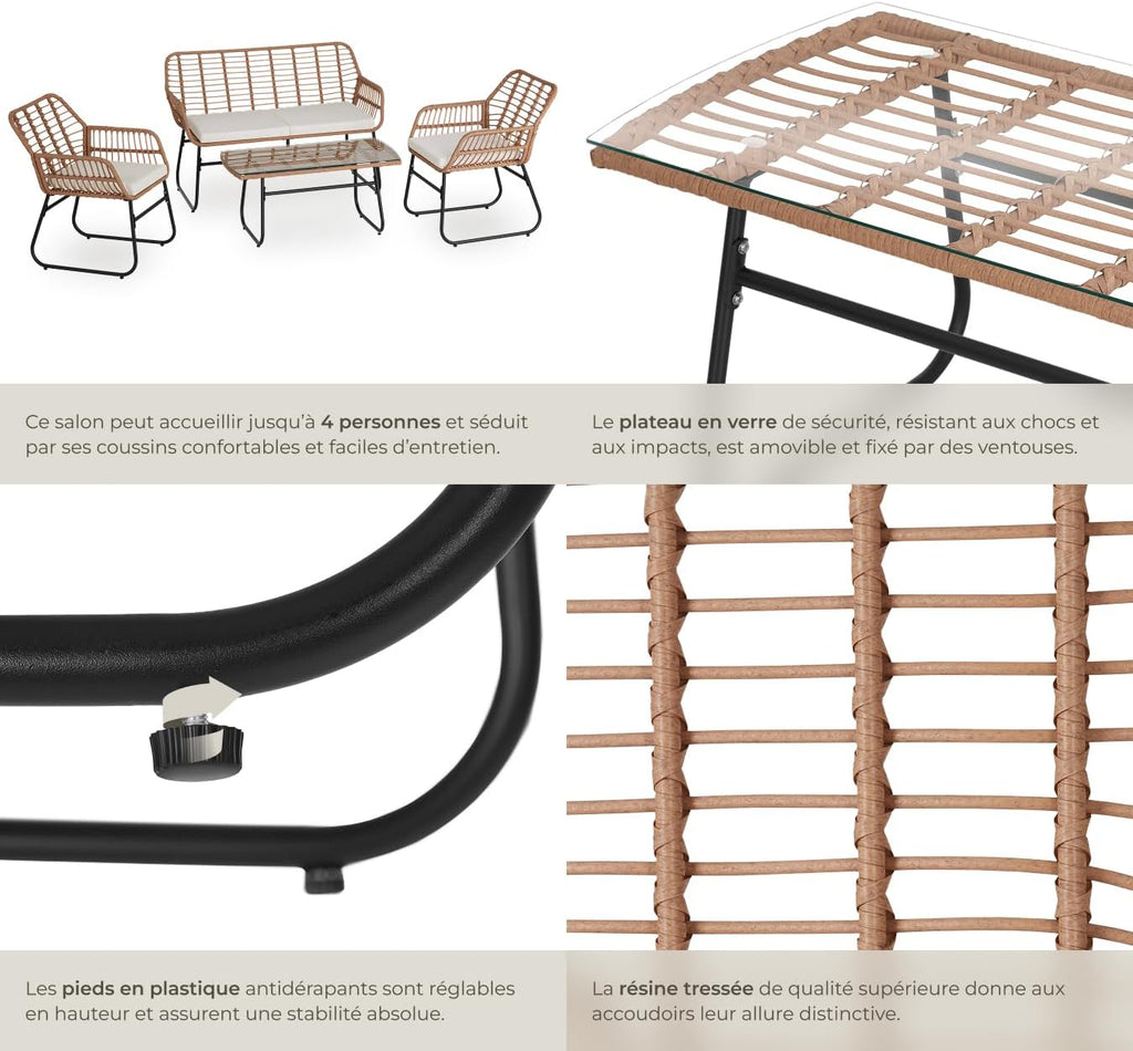 TecTake® Salon de Jardin Extérieur en Poly Rotin 4 Personnes Ensemble Canapé 2 Places 2 Fauteuil Salon et Table de Jardin, Coussins Amovibles Inclus, Amenagement Balcon Terrasse Veranda