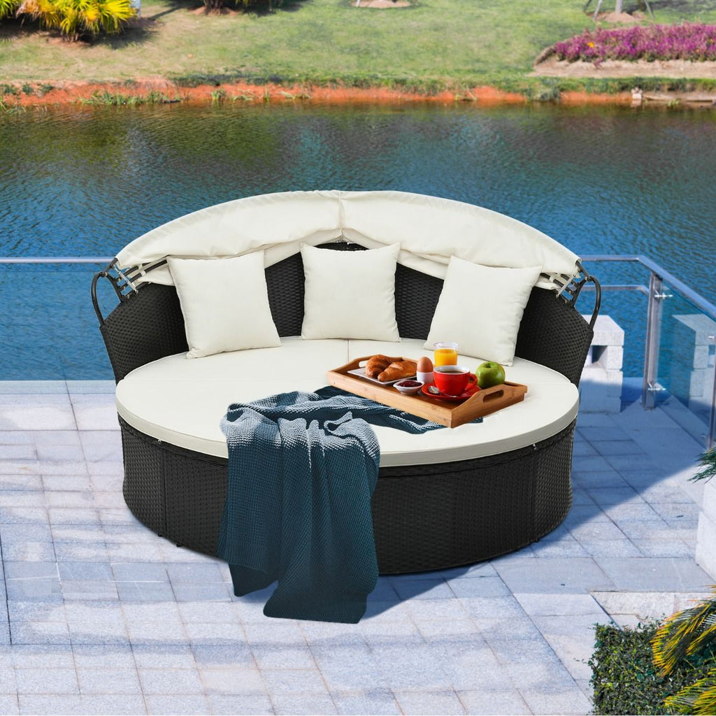 Lit Canapé de Jardin Rond en Rotin PE Auvent Rétractable Coussins et Oreillers Amovibles Salon de Jardin Modulable Blanc -