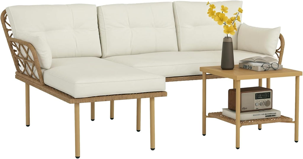 Outsunny Salon de Jardin Exterieur 4 Personnes 3 pièces avec 1 Table Basse Coussins Grand Confort Inclus résine tressée crème