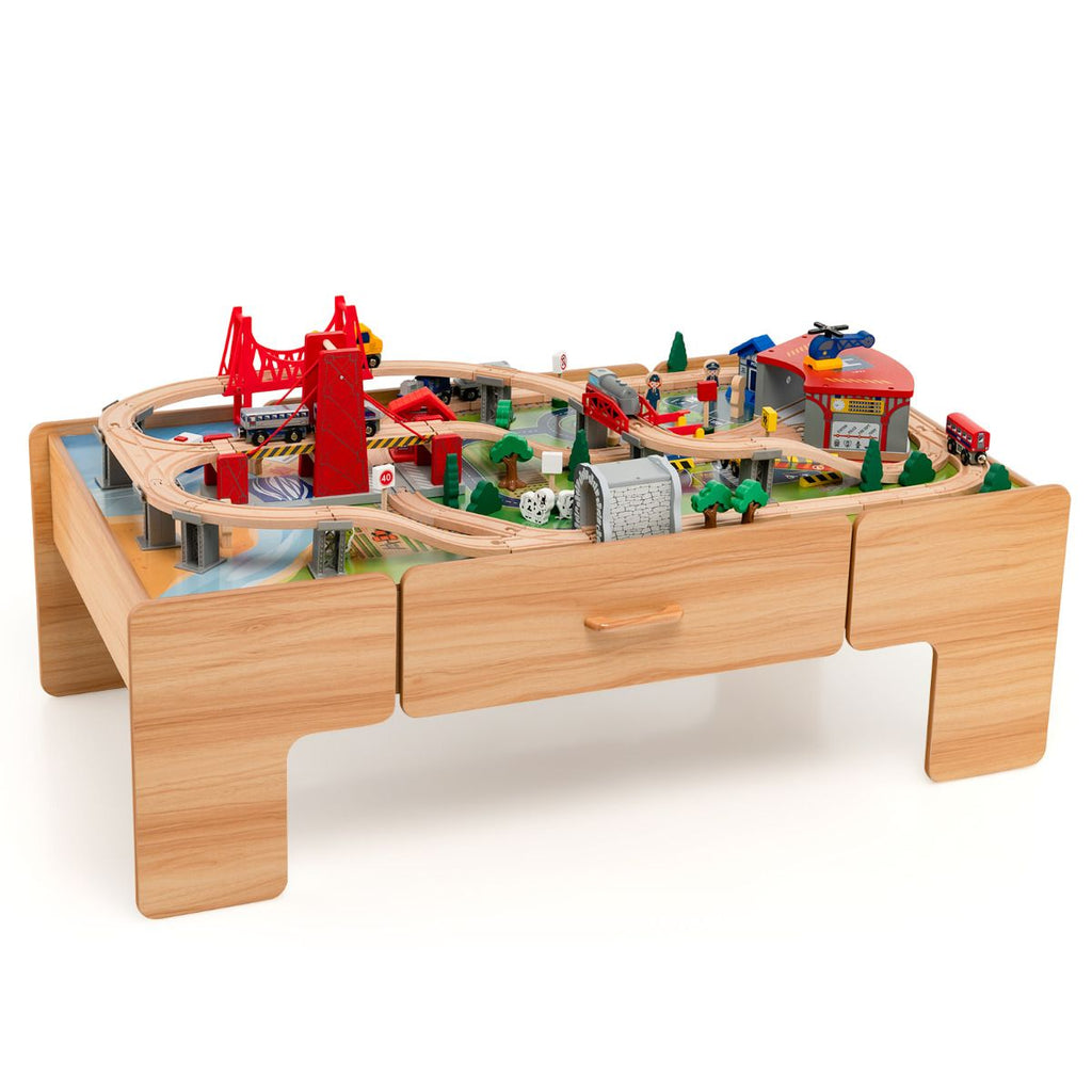 Table Circuit Train en Bois 100 Accessoires avec Tiroir de Rangement Jouet Educative pour Enfants 3 Ans + -